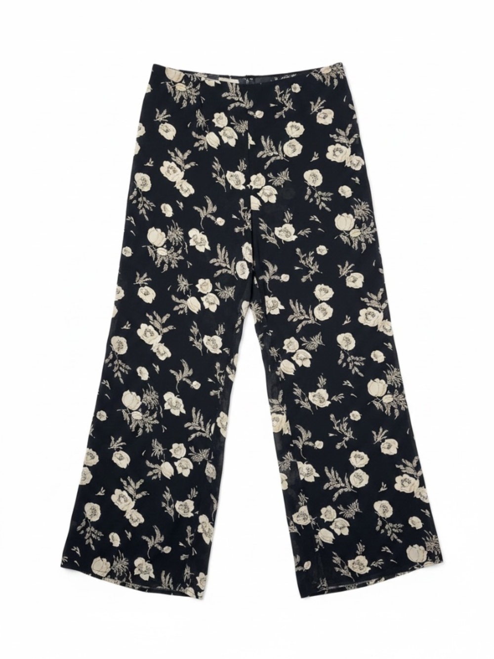 Ralph Lauren Vintage Floral Wide Leg Pants Black Cream Rayon Women’s 12 US